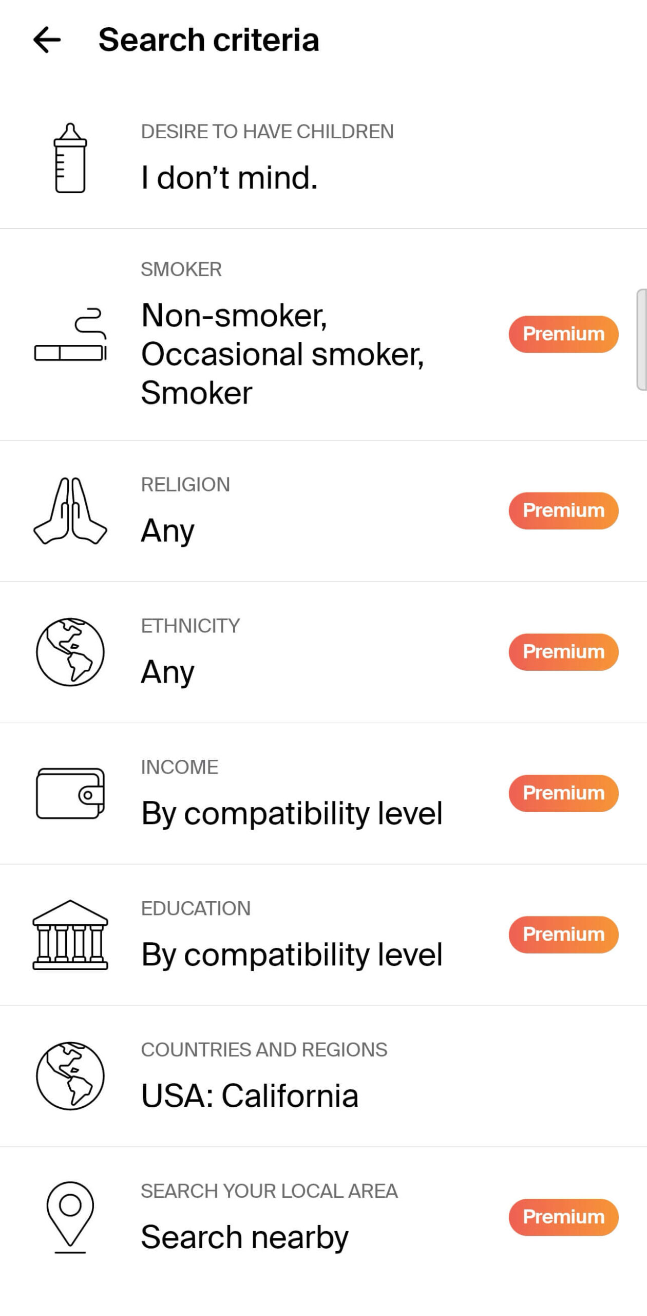 eHarmony guided filters interface