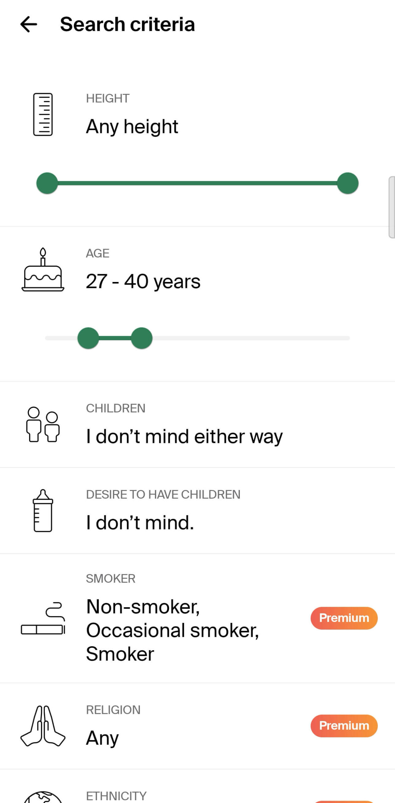 eHarmony search filters showing height and age preferences