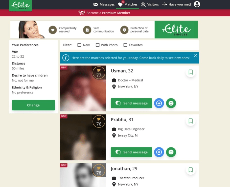 EliteSingles matches showing professional careers