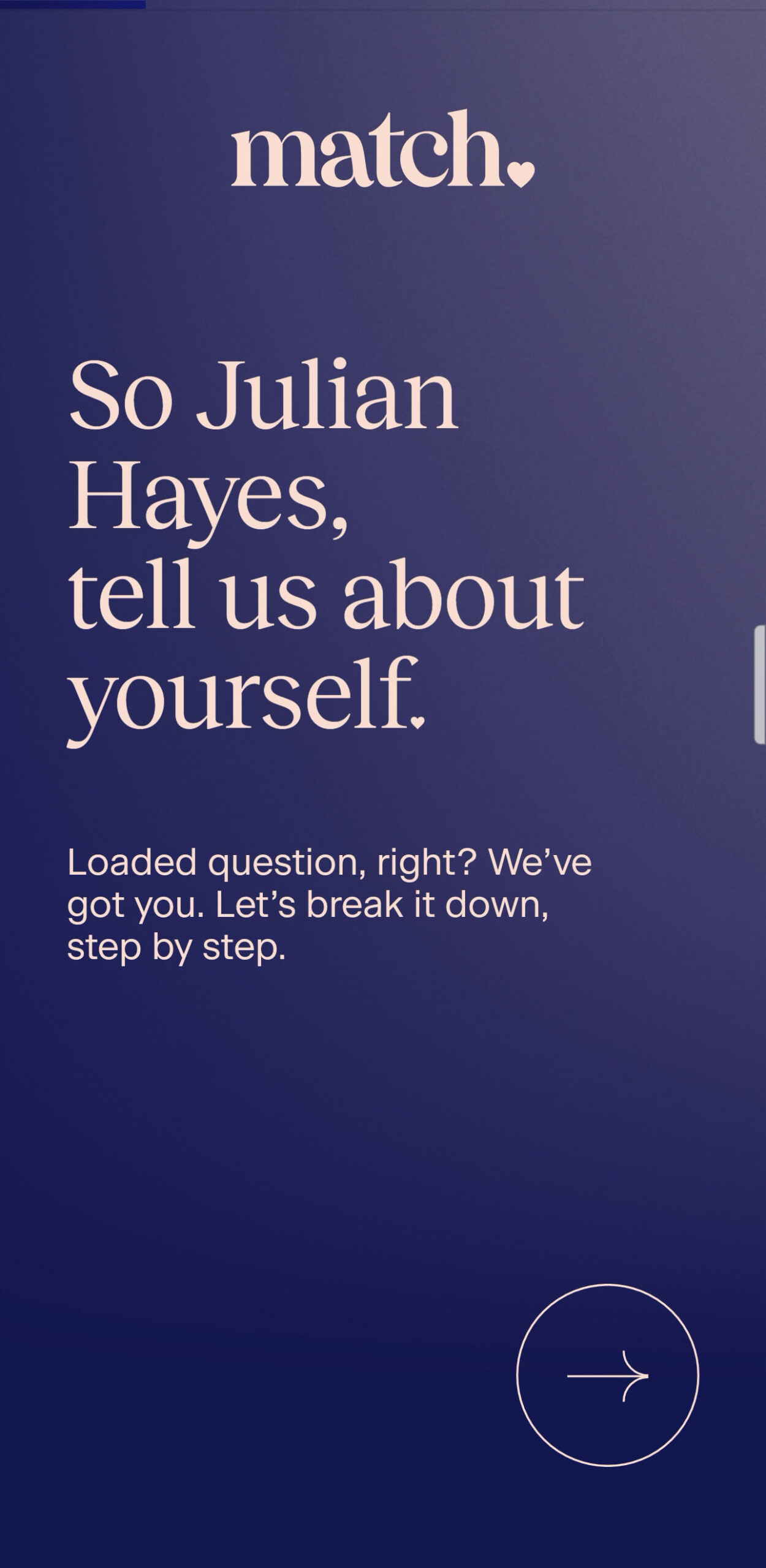 Match app personalized welcome screen