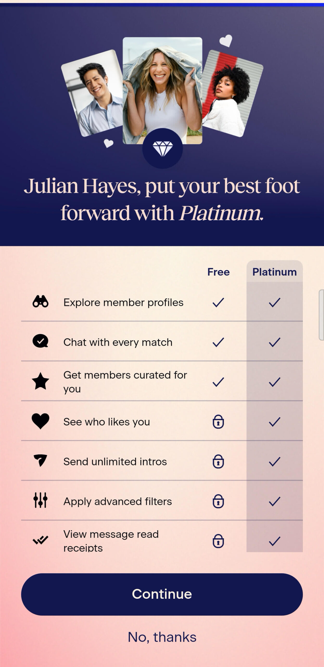 Match Platinum vs Free features comparison screenshot