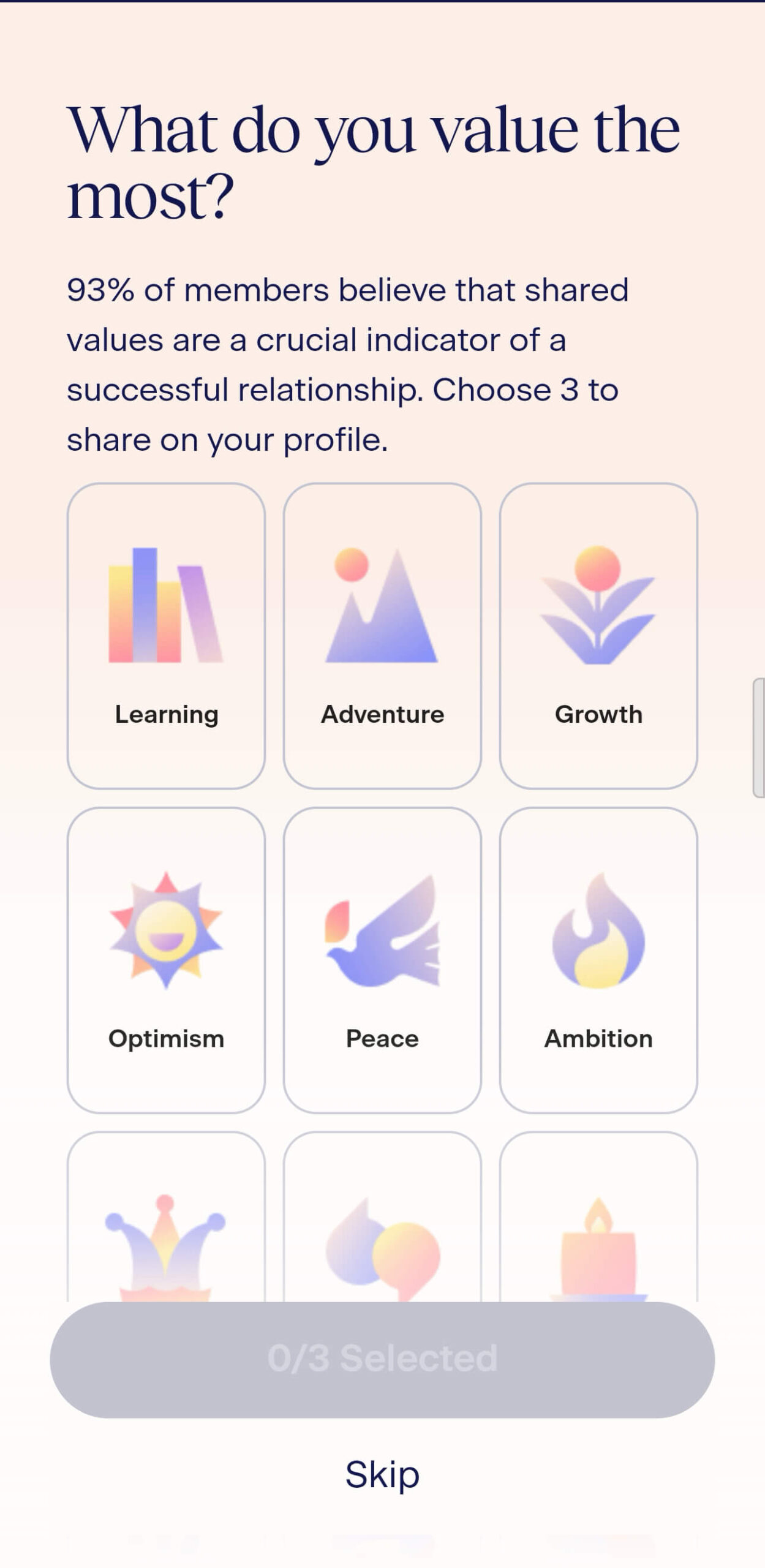 Match app onboarding asking for core values