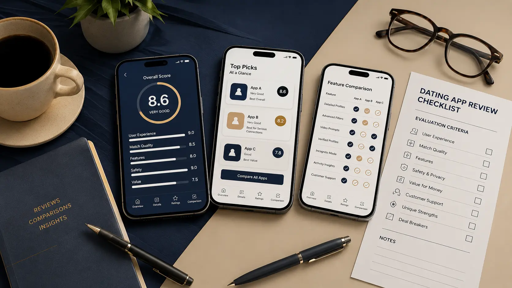 TopDatingFinder review desk showing dating app comparisons and evaluation checklist