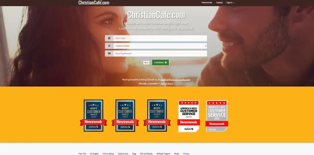 ChristianCafe registration screen showing manual city and ZIP code entry fields.