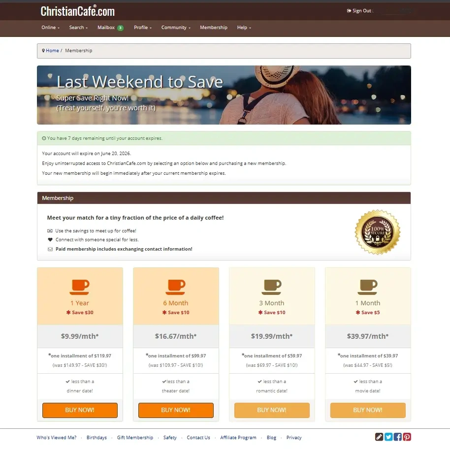 ChristianCafe membership subscription page displaying premium tier monthly and yearly costs.