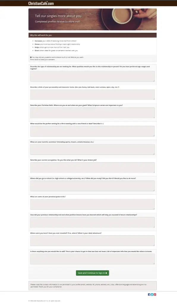 ChristianCafe onboarding prompts requiring long-form written answers about faith and relationships.