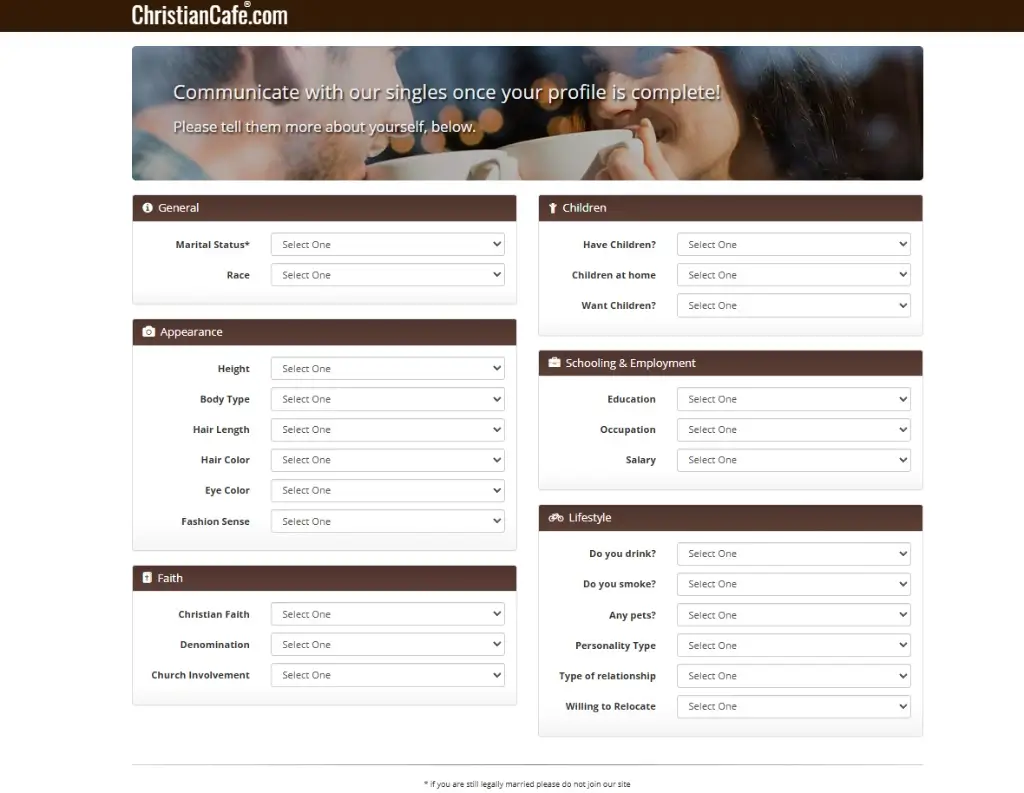 ChristianCafe profile setup page showing faith, denomination, and church involvement options.