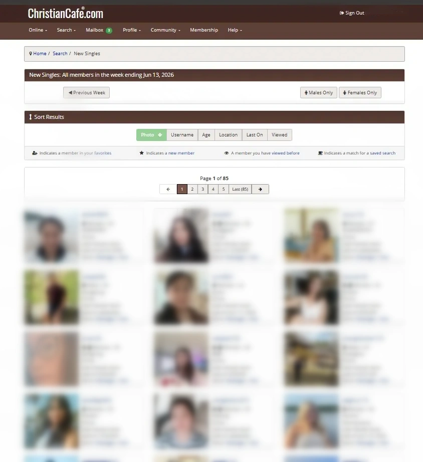 ChristianCafe new member search results page with localized list view layout.