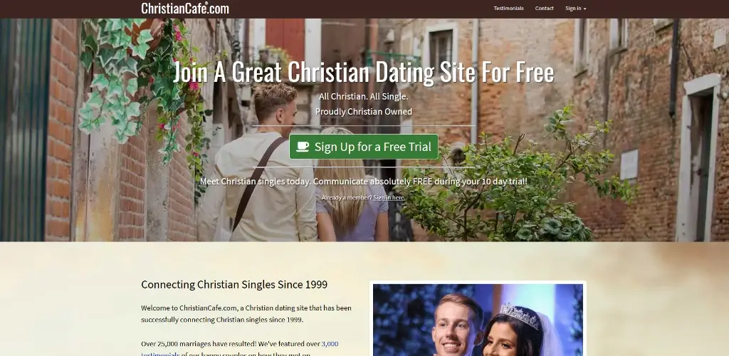 ChristianCafe homepage showing the 10-day free trial and messaging promise.