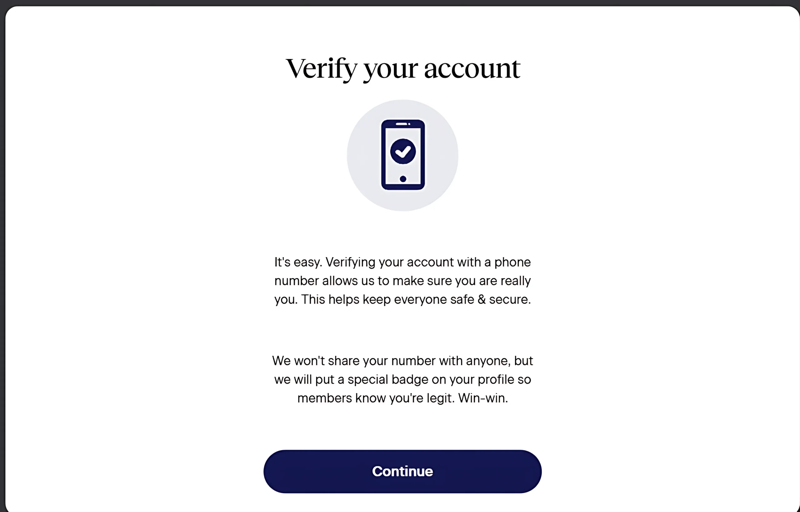 Phone-number verification step displayed during dating site account setup.
