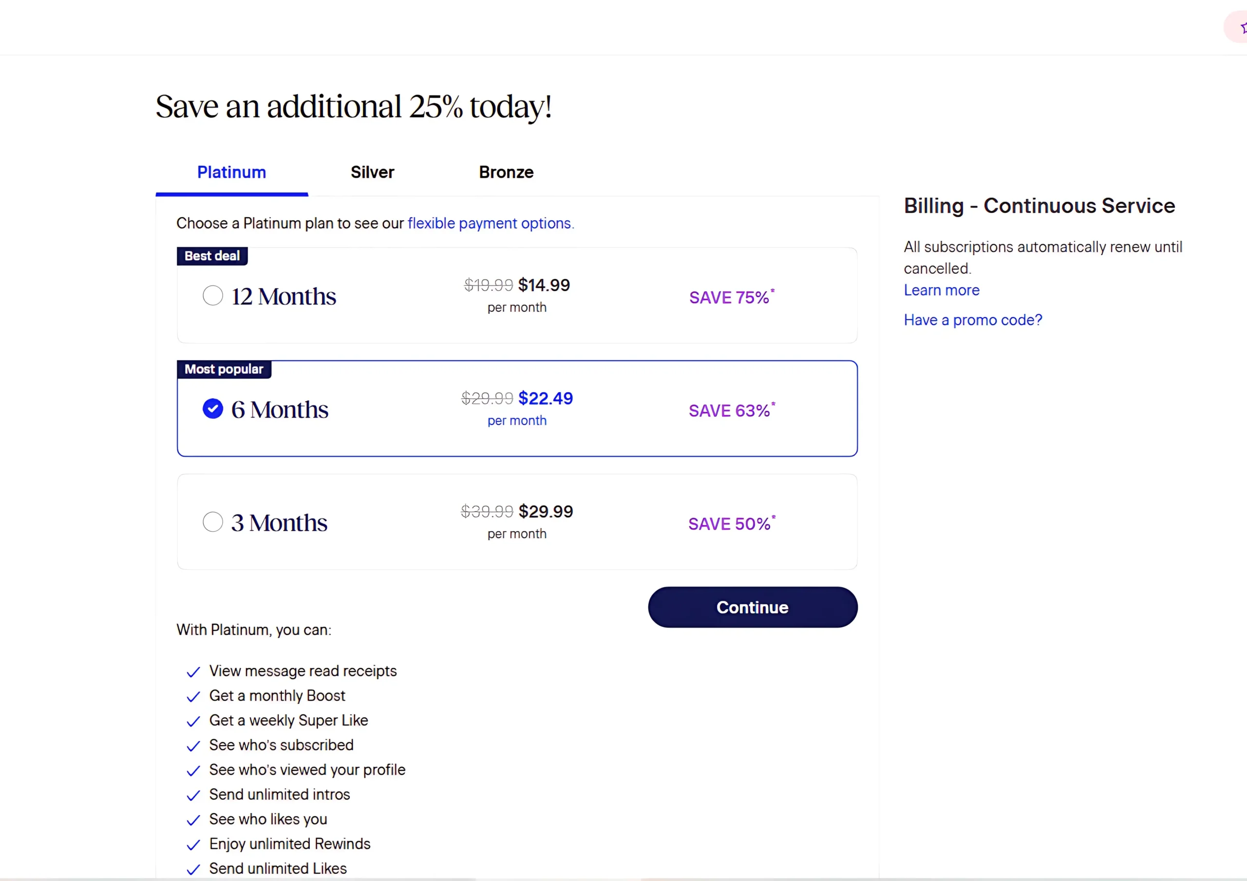 Match checkout screen showing Platinum subscription tiers and continuous service billing terms.