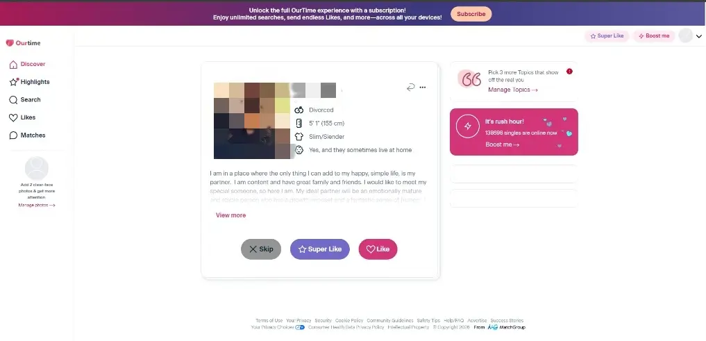 OurTime discovery dashboard showing visible profile details and a top banner prompting users to subscribe.