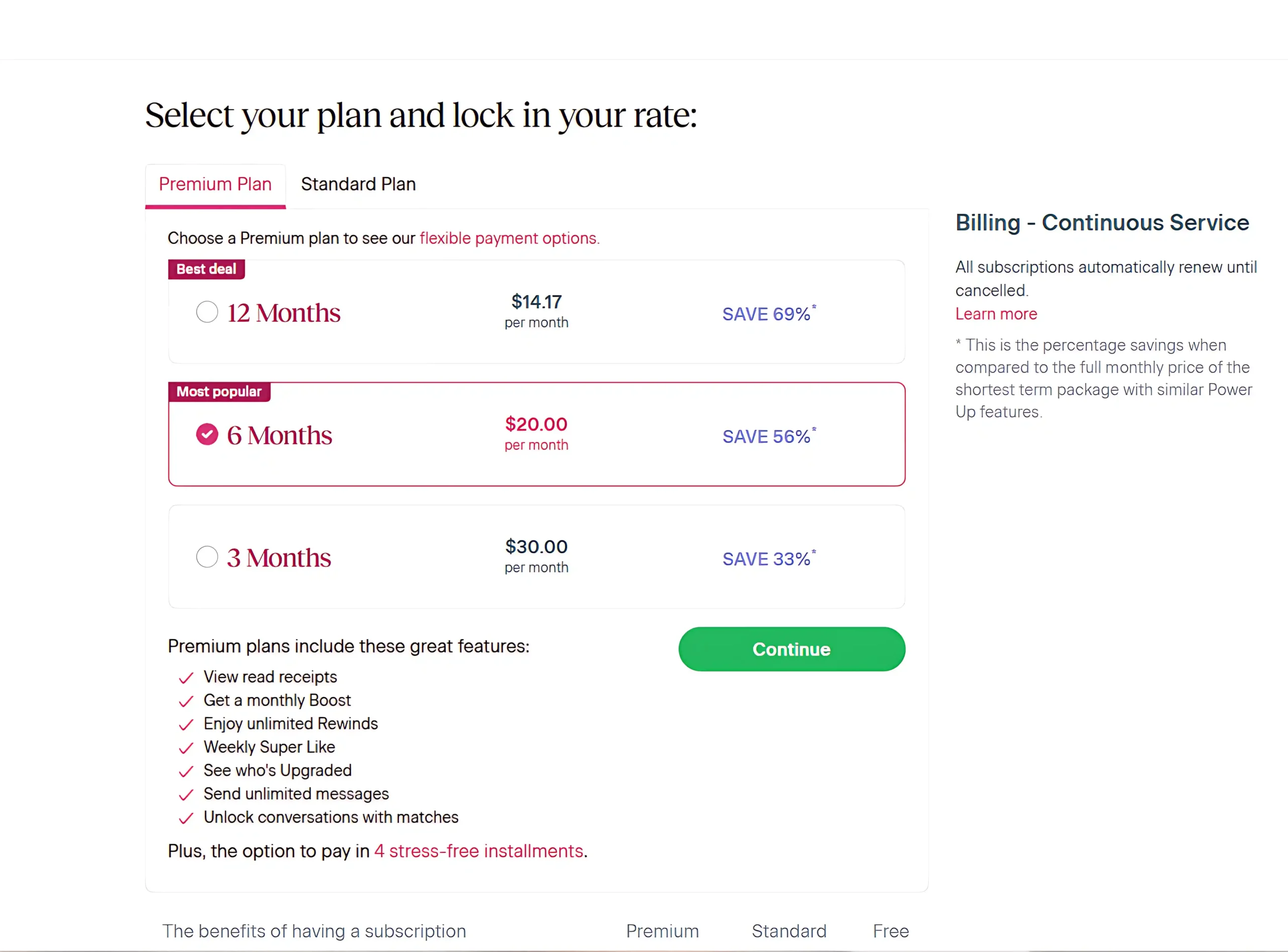 OurTime subscription checkout page showing Premium plan tiers and continuous service billing terms.