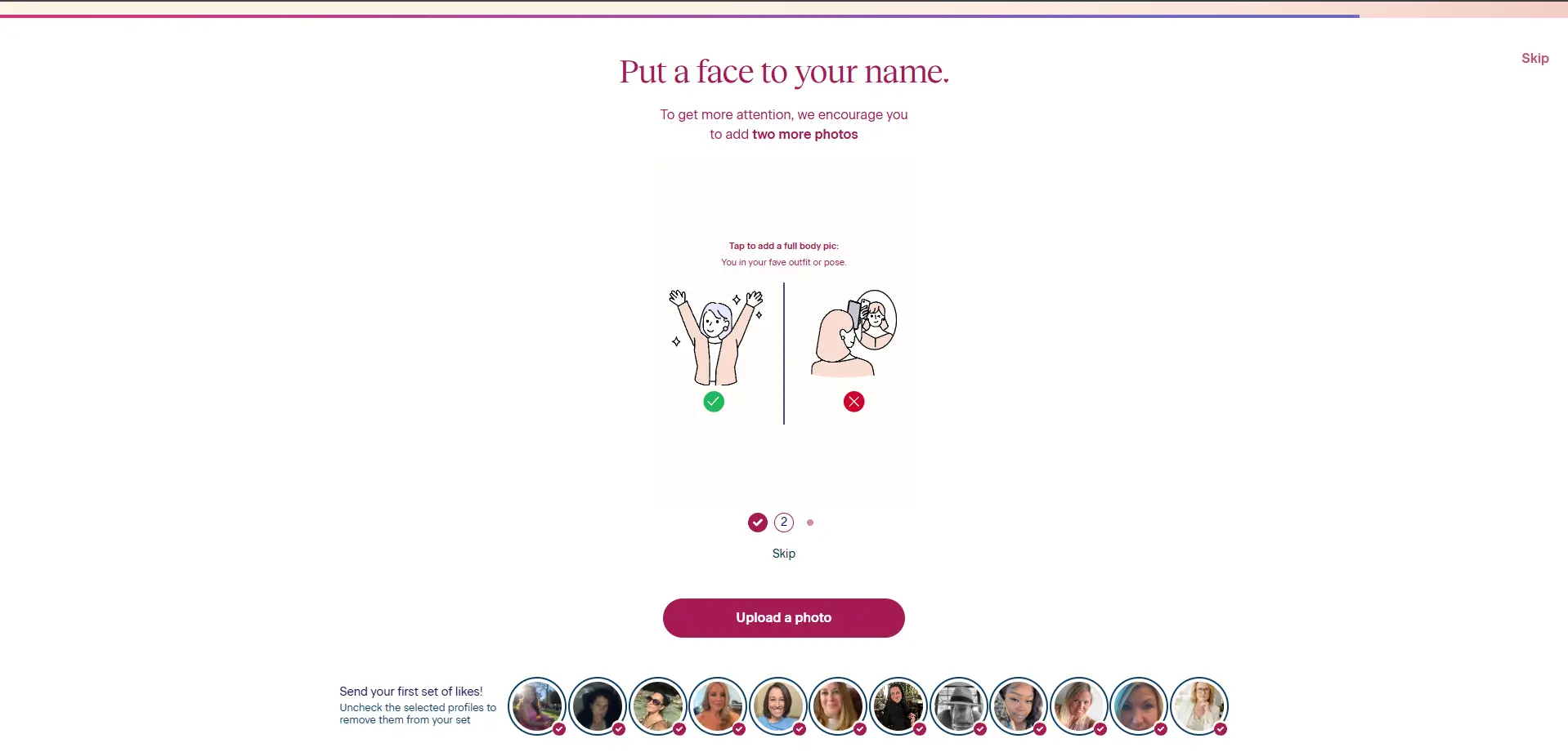 OurTime profile photo requirement screen during the onboarding process.