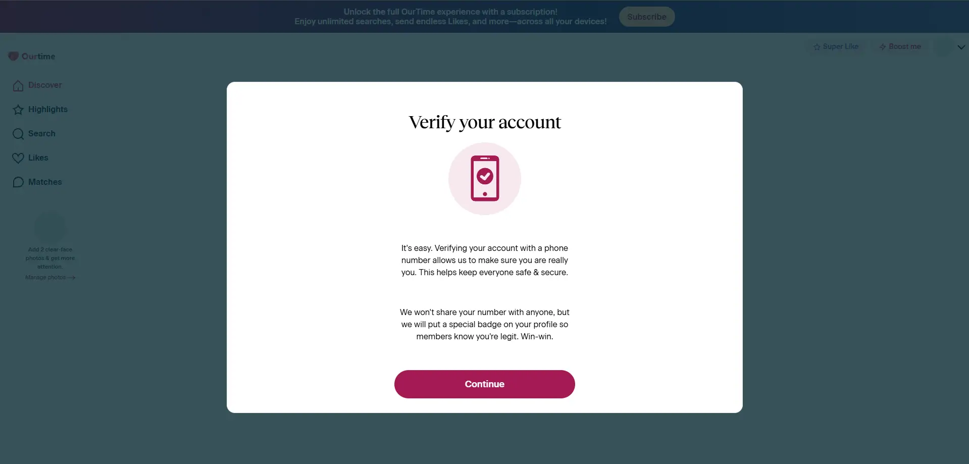 OurTime SMS account verification prompt during signup.