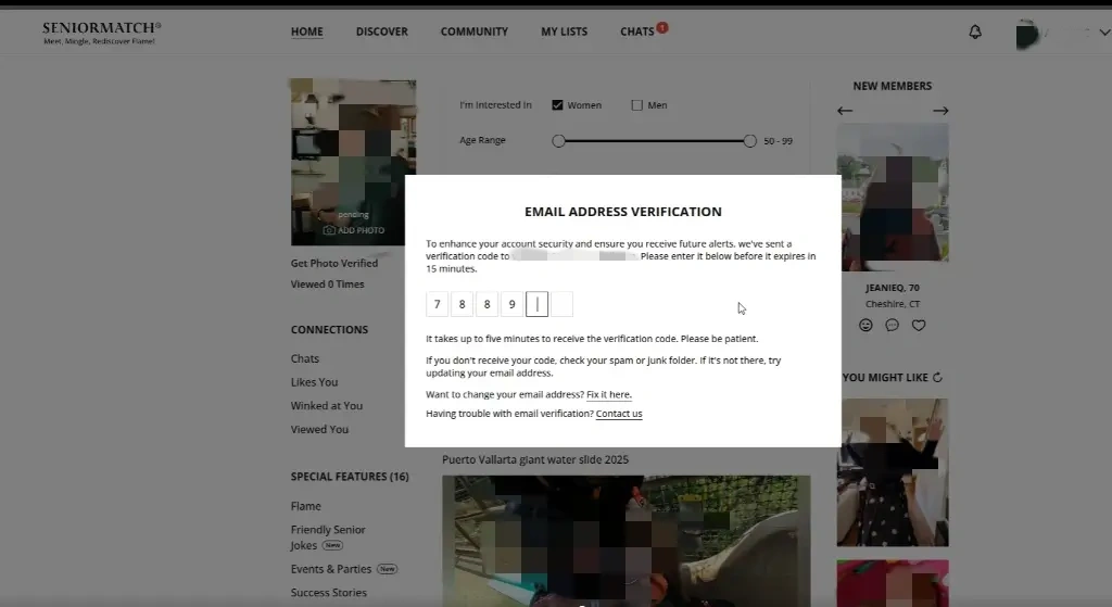 SeniorMatch email address verification popup over the user feed.