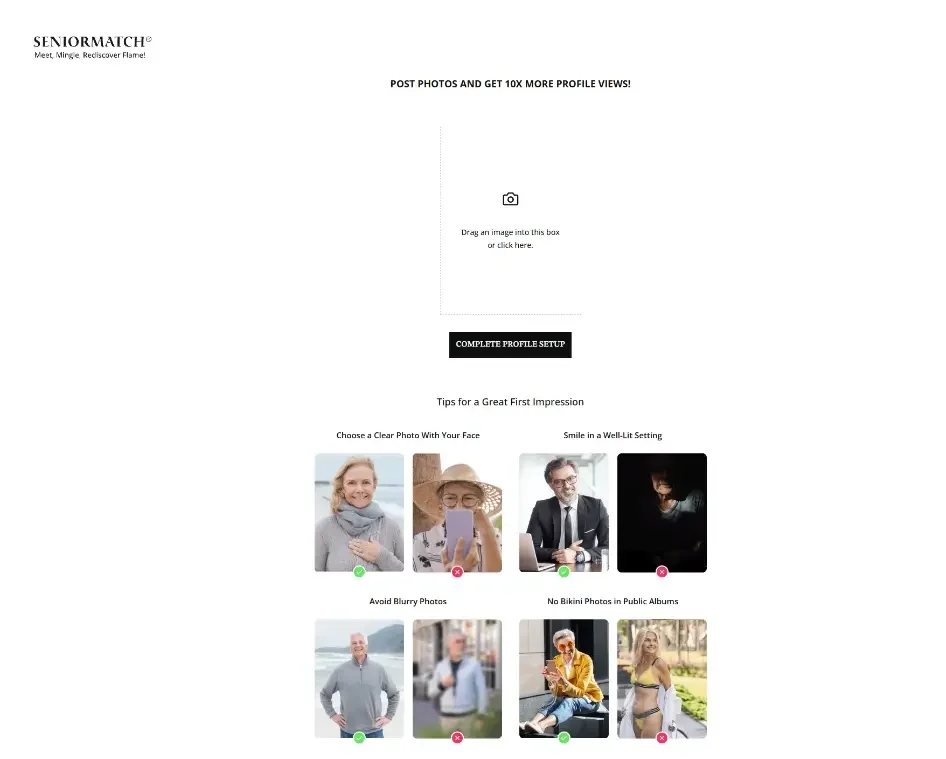 SeniorMatch photo upload prompt with profile setup guidelines.