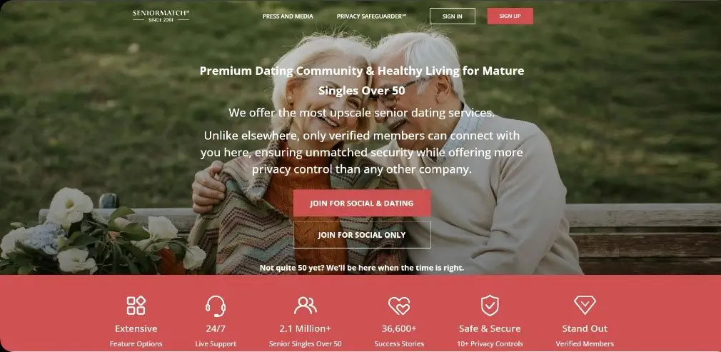 SeniorMatch homepage displaying its focus on singles over 50.