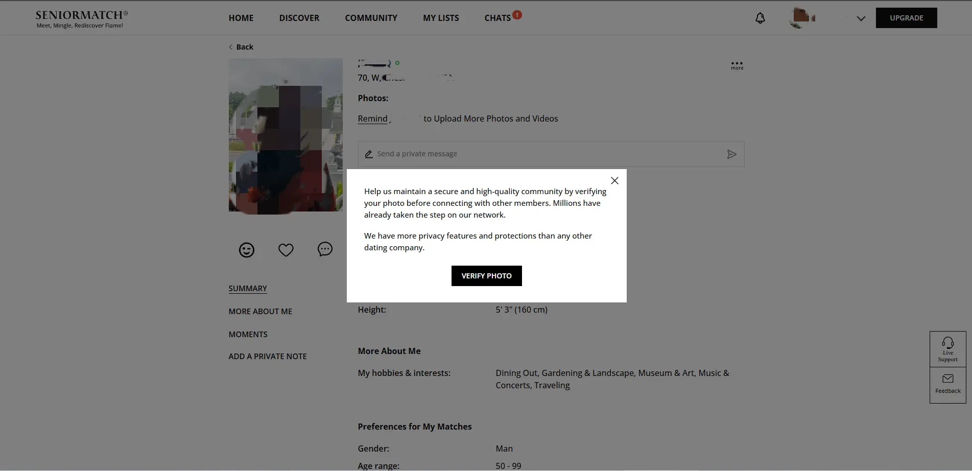 SeniorMatch photo verification prompt blocking free message sending.