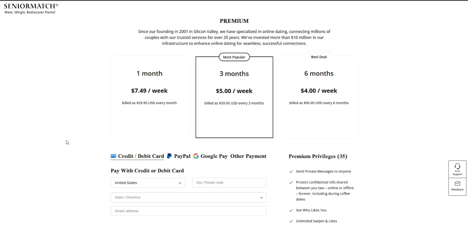 SeniorMatch premium subscription pricing plans and payment options.