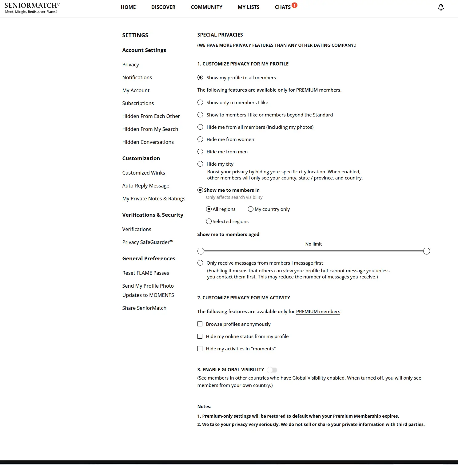 SeniorMatch privacy settings page with customized profile visibility options.