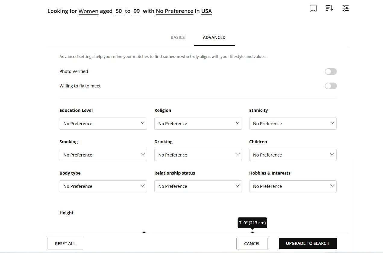 SeniorMatch advanced search filters locked behind a premium upgrade.