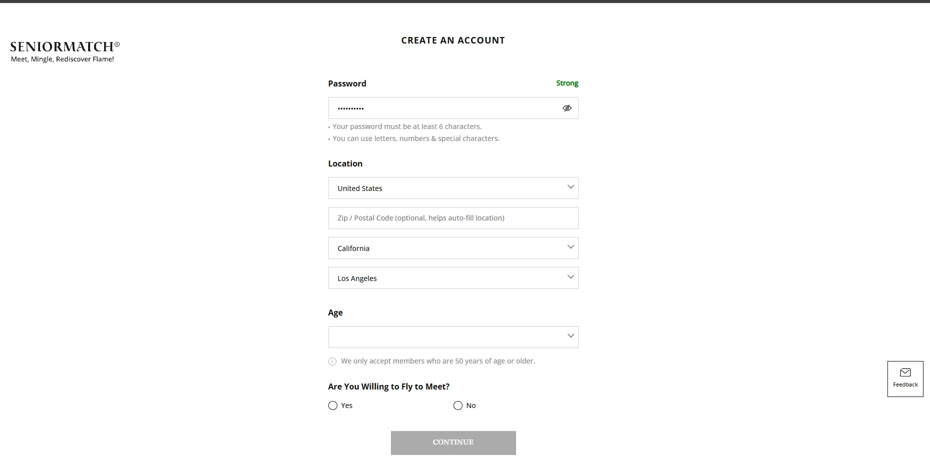 SeniorMatch signup form showing the strict age requirement.