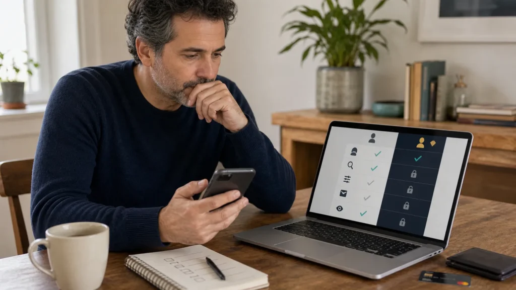 A man comparing free and paid dating site features before subscribing
