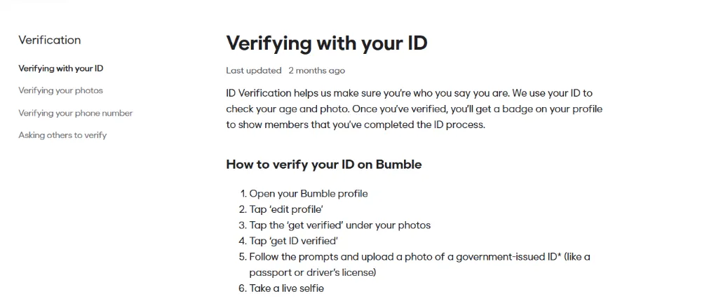Bumble ID Verification instructions showing a government-issued ID upload and live-selfie requirement.