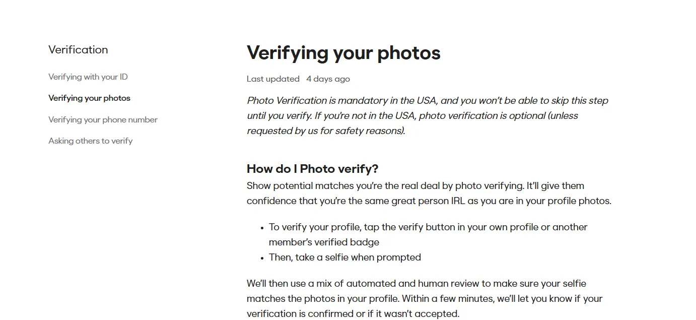 Bumble Photo Verification instructions showing the U.S. requirement, selfie step, and automated and human review.
