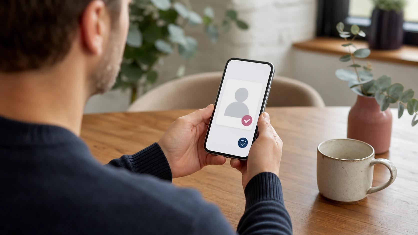 Adult reviewing a generic verified dating profile and privacy signal on a smartphone.