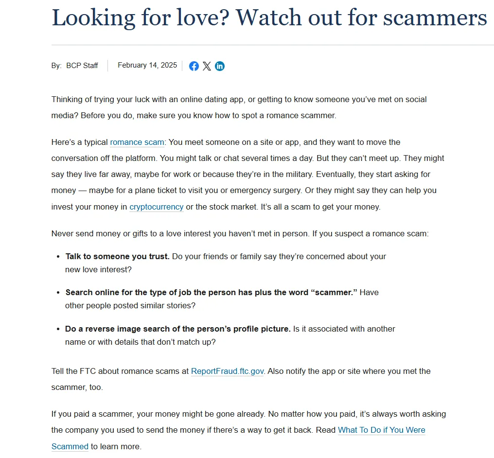 FTC official guidance warning about romance scammers wanting to move conversations off the platform.