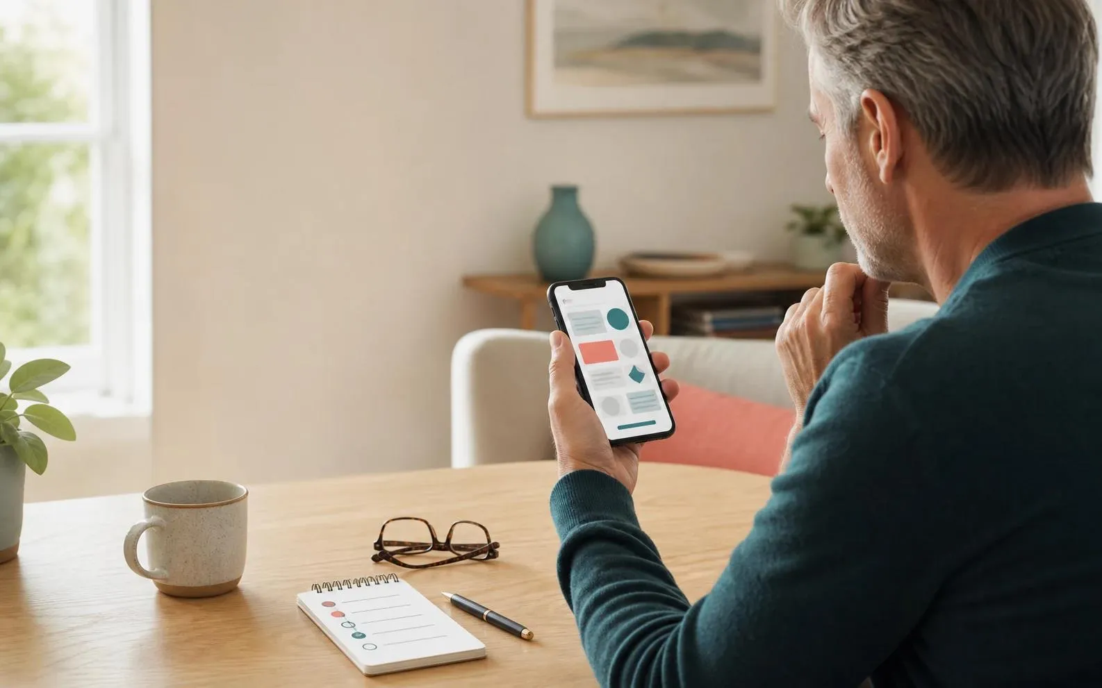 Adult reviewing a smartphone and checklist before making online dating decisions.