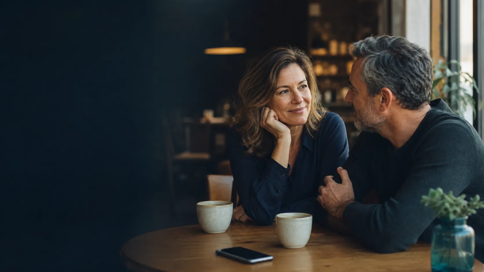 Mature couple sharing a thoughtful conversation at a cafe.