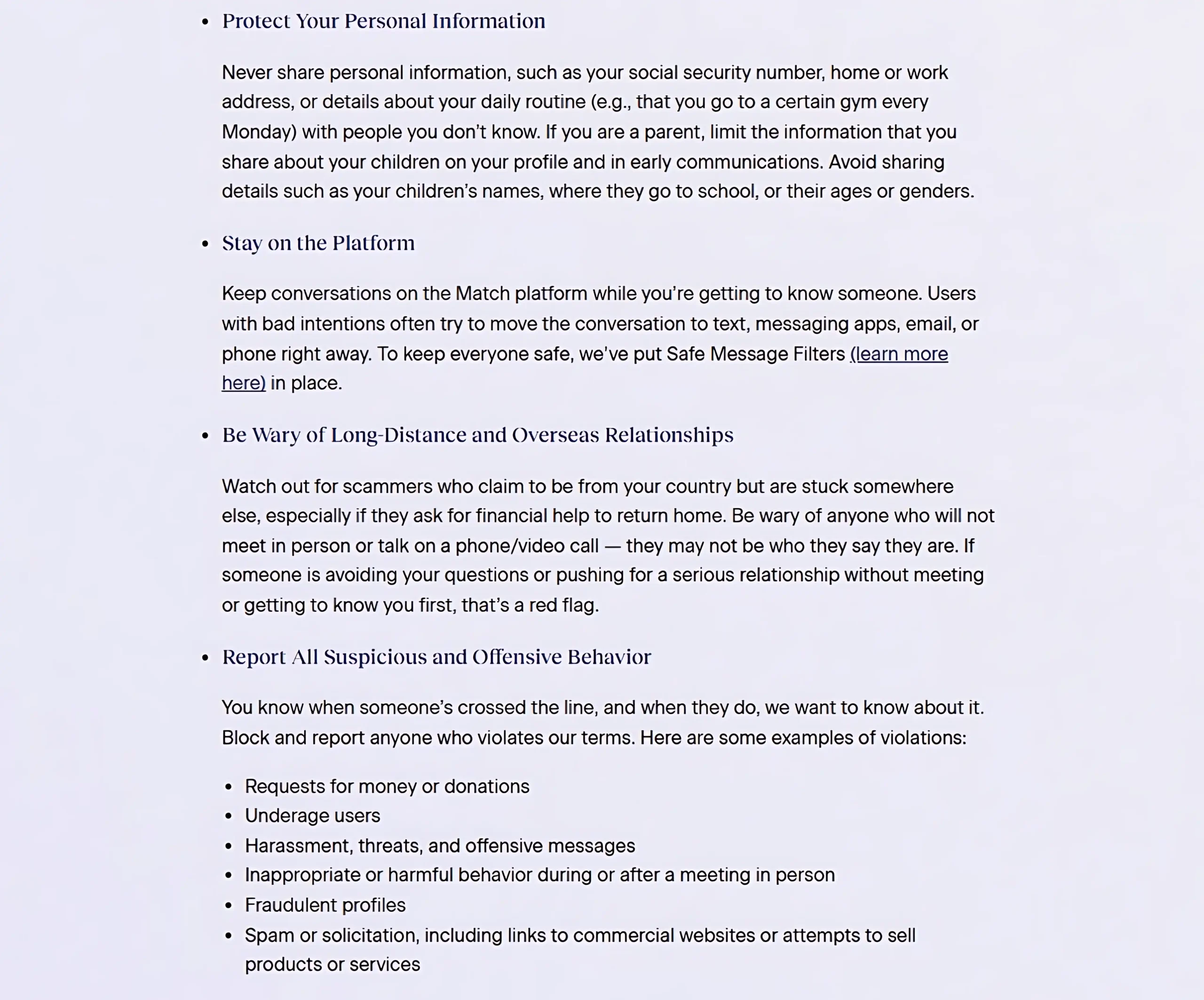 Match dating safety guidance advising users to keep conversations on the platform.