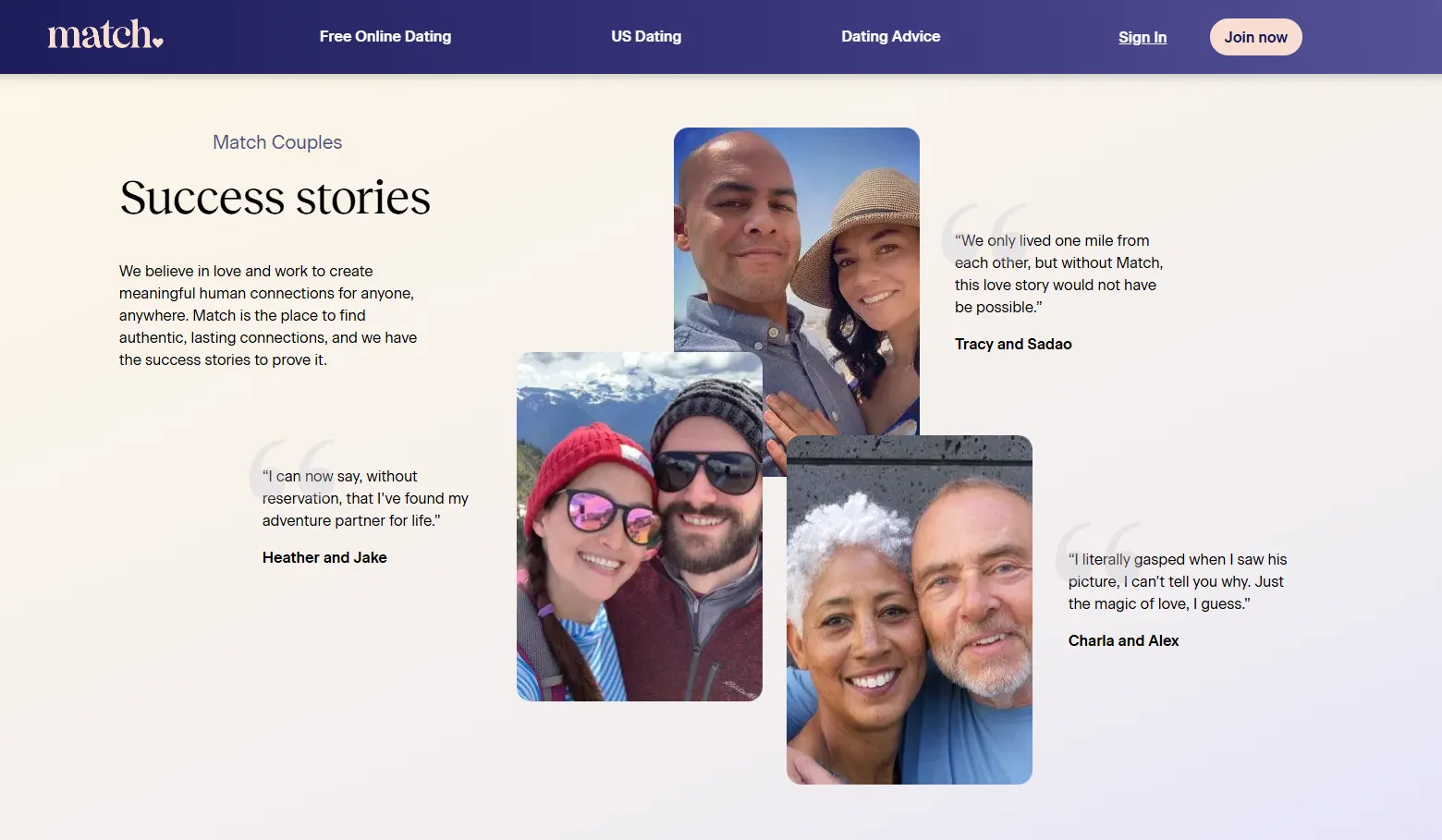 Match dating site homepage showing diverse adult demographics and success stories.