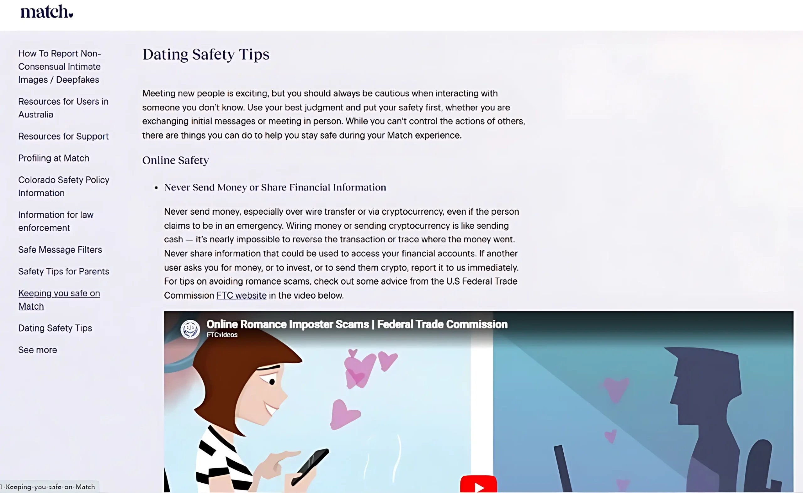 Match dating safety guidelines explicitly warning users never to send money, wire transfers, or cryptocurrency.
