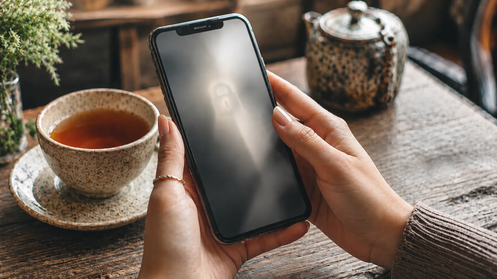 Mature person reviewing a smartphone carefully before sharing personal information online.