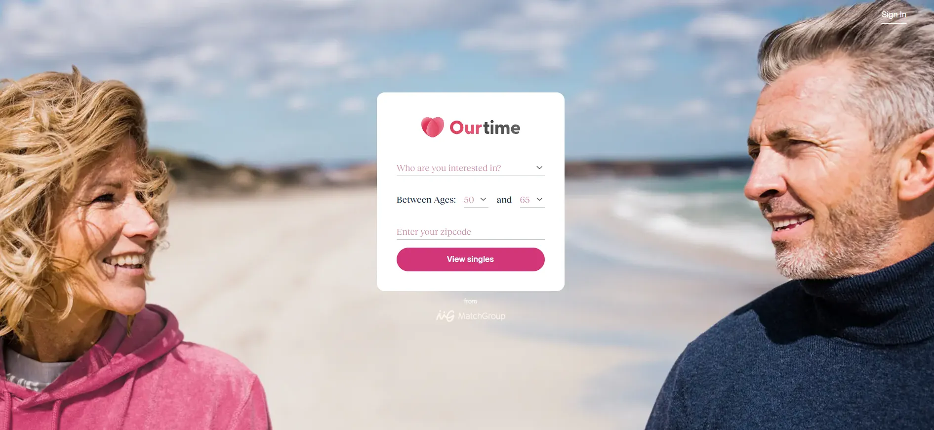 OurTime dating site homepage showing the 50 to 65 age filter.