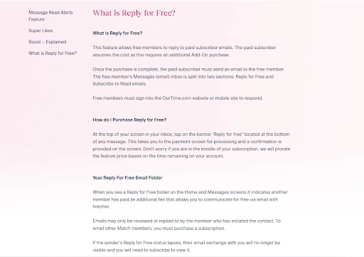 OurTime official help center explaining the Reply for Free add-on feature.