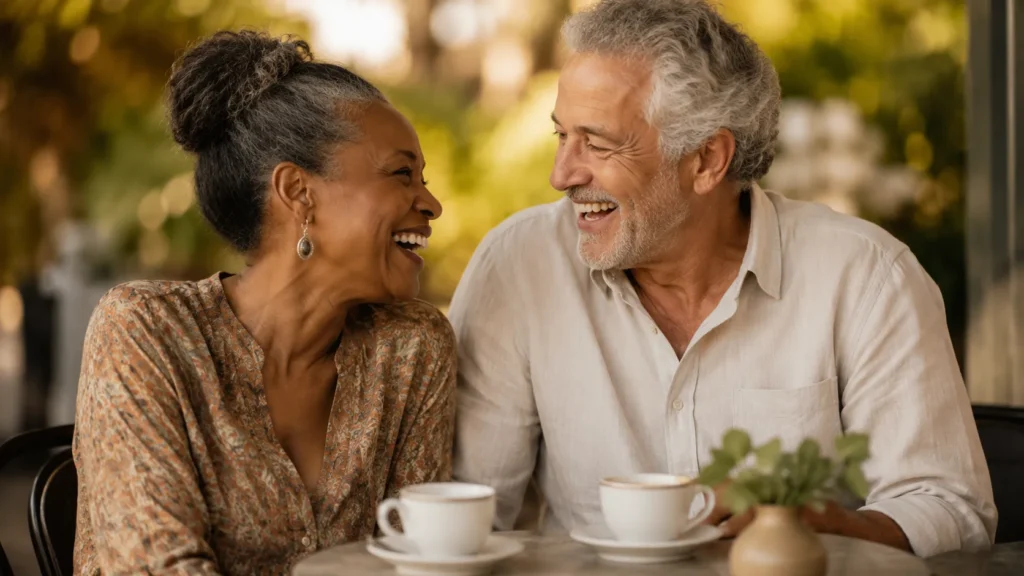 A mature couple laughing and enjoying coffee together on a date, representing over-50 dating platforms.