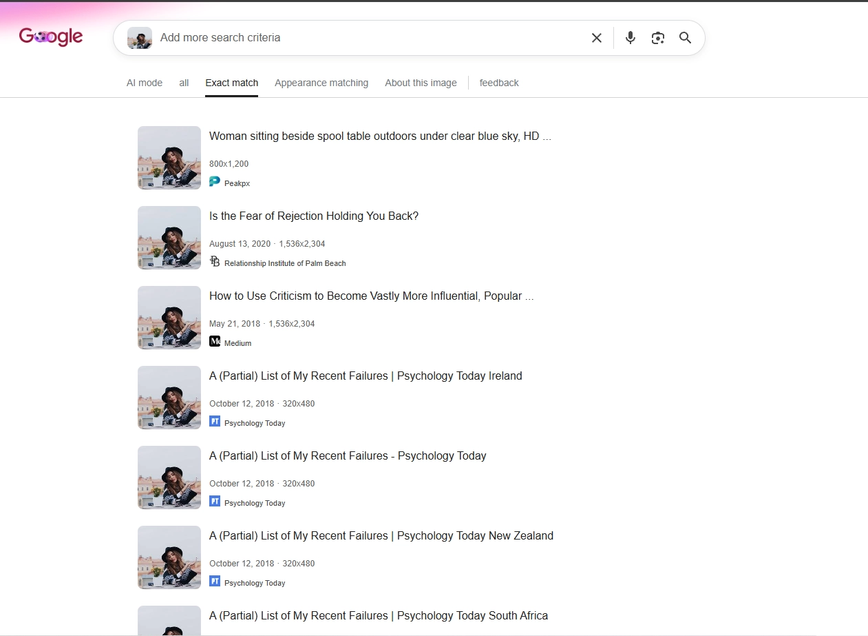 Reverse image search results showing a profile picture appearing on multiple unrelated stock and blog websites.