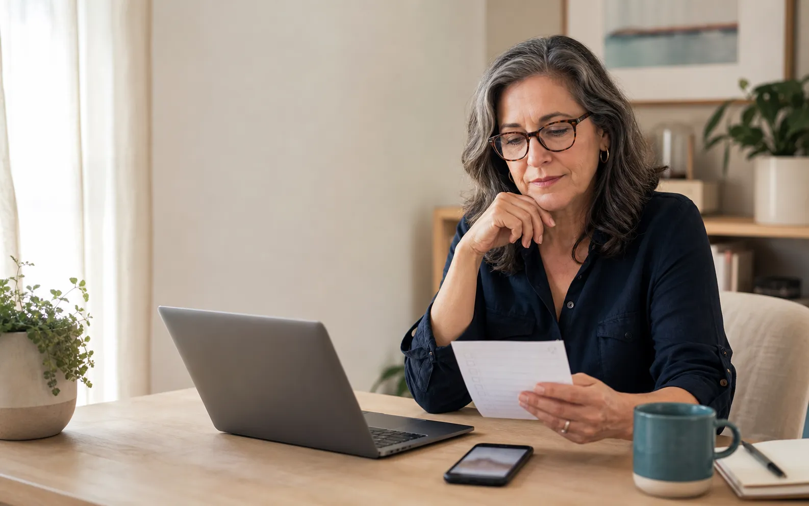 Woman comparing dating-site reviews with a laptop and checklist at home.