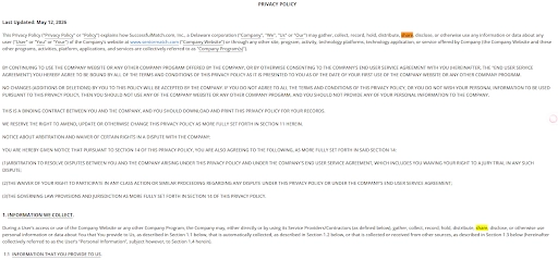 SeniorMatch official privacy policy detailing profile data sharing with affiliate services.