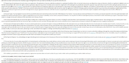 SeniorMatch official service agreement showing the three-business-day cancellation provision.