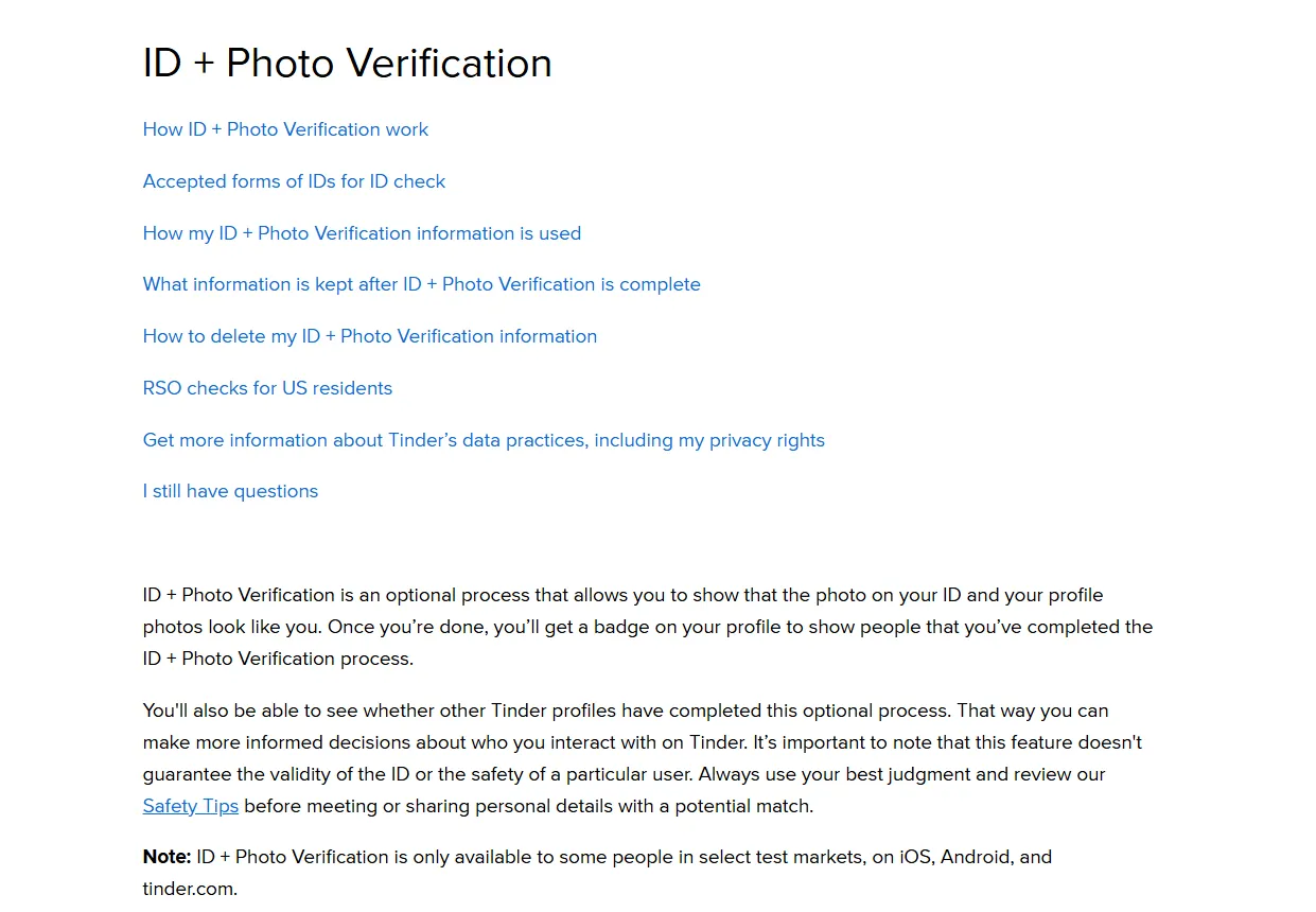 Tinder help page explaining optional ID and Photo Verification and stating that it does not guarantee ID validity or user safety.