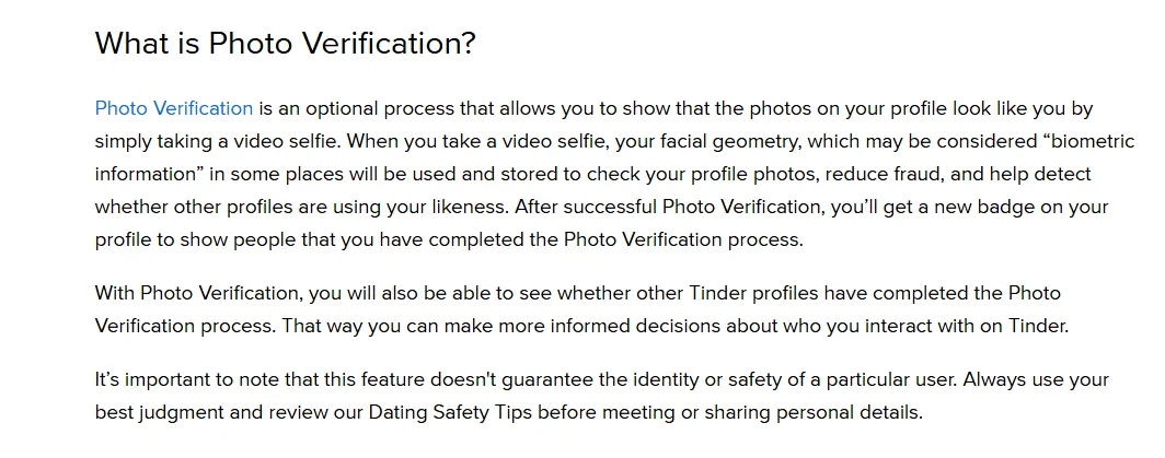 Tinder help page explaining Photo Verification and stating that it does not guarantee a user's identity or safety.