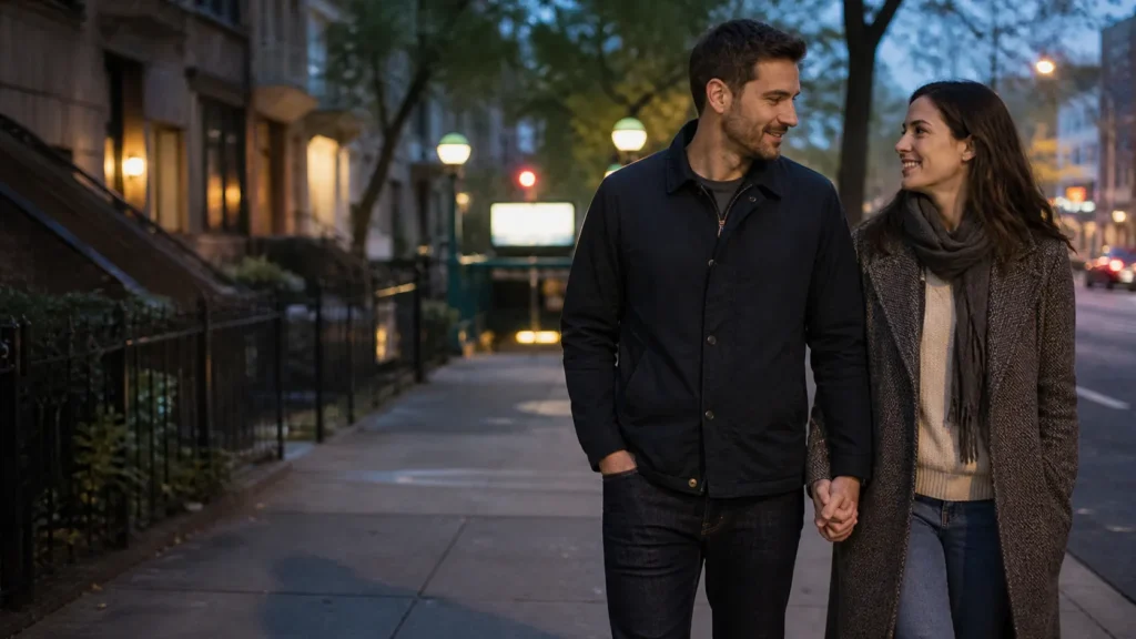 A couple holding hands while walking on a city street at dusk.