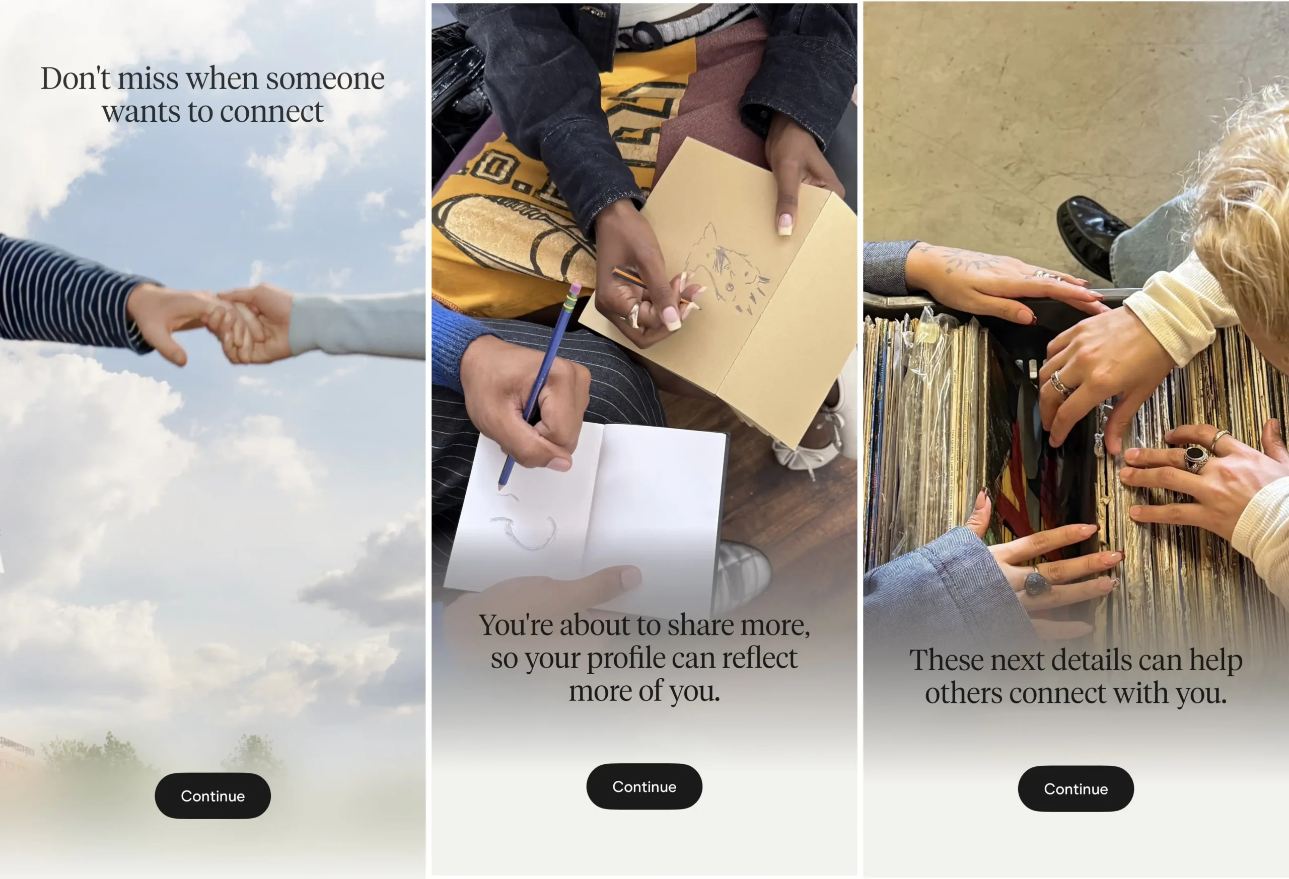 Hinge app onboarding screens showing profile prompts and completion steps.