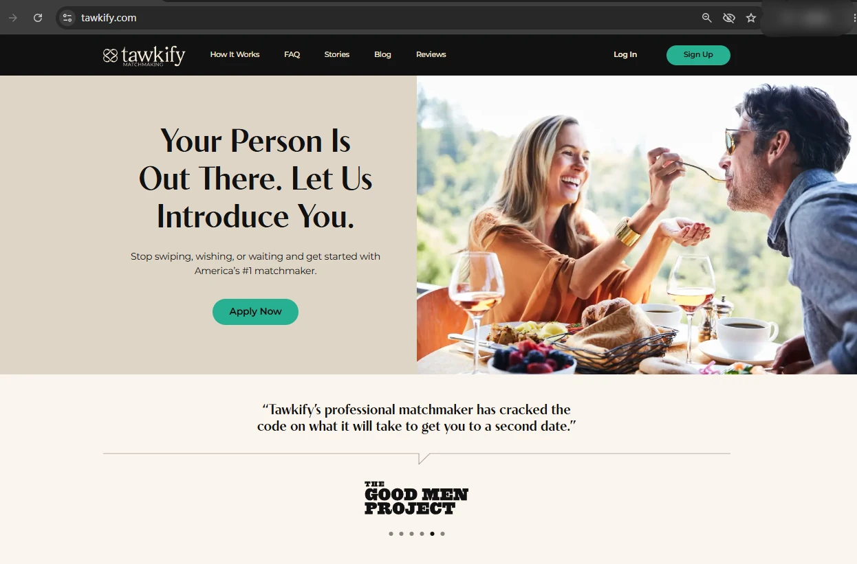 Tawkify public homepage showing its matchmaker-led service positioning.